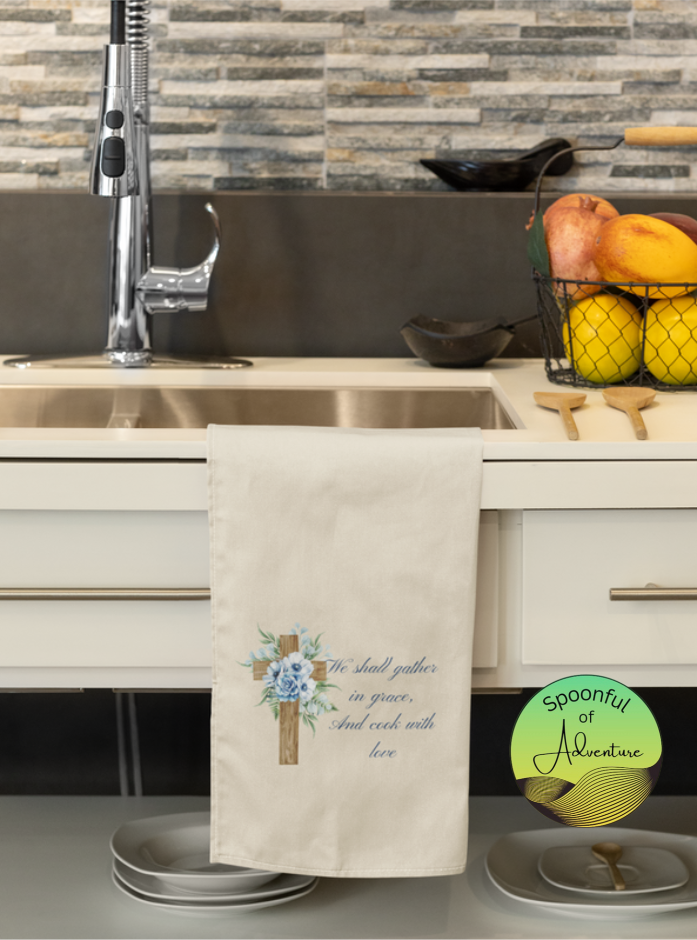 "We shall gather in grace, and cook with love" Kitchen Towel
