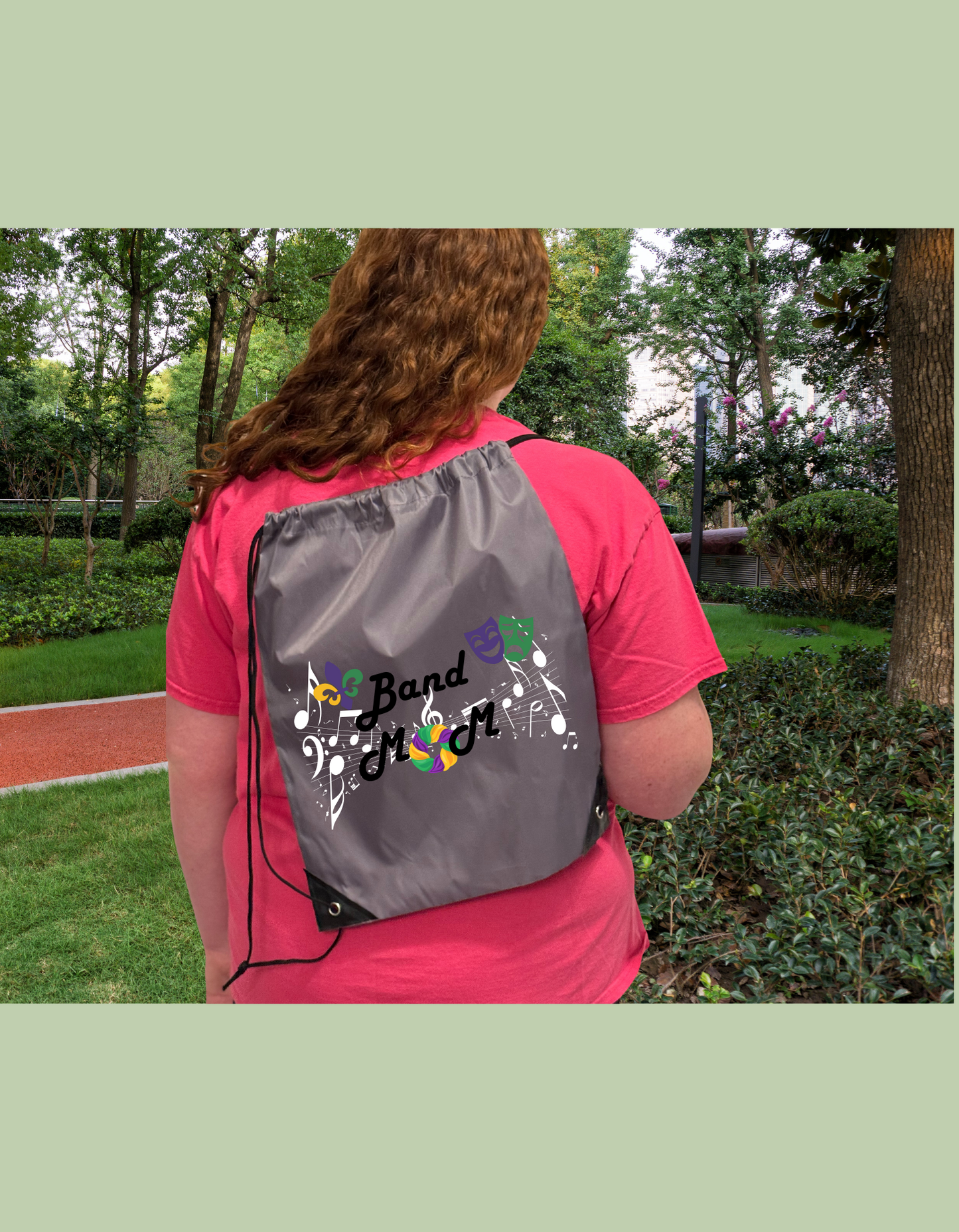 "Band Mom" Purple Green & Gold with White Music Notes Drawstring Bag