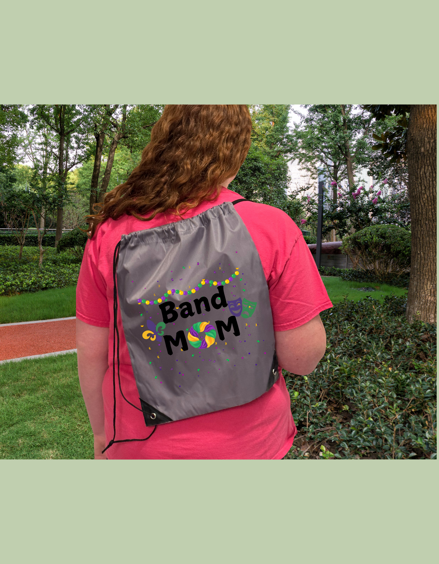 "Band Mom" Purple Green & Gold Drawstring Bag