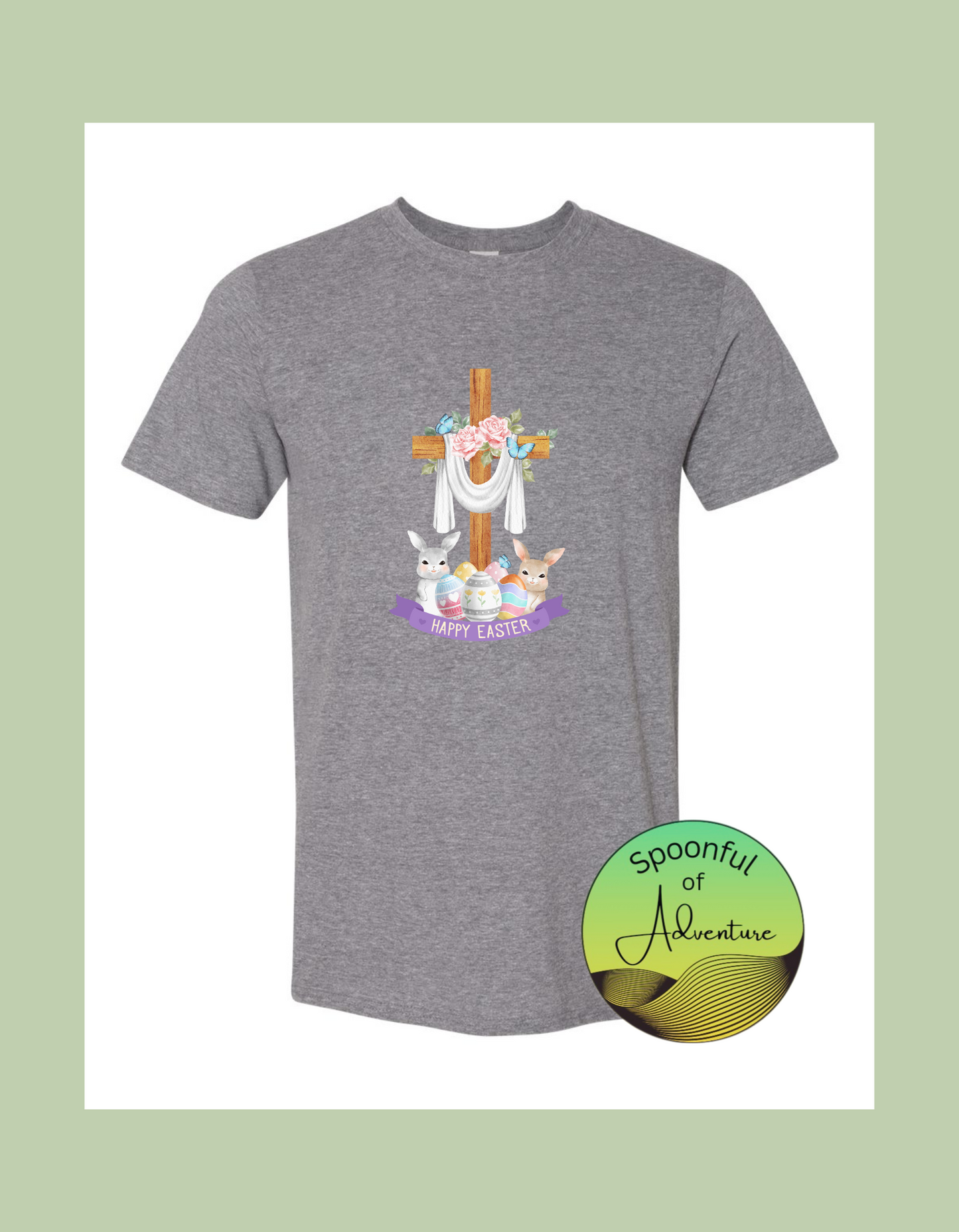 T-Shirt - "Happy Easter" with Cross and Bunnies