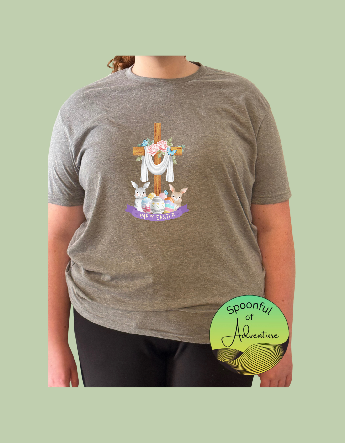 T-Shirt - "Happy Easter" with Cross and Bunnies