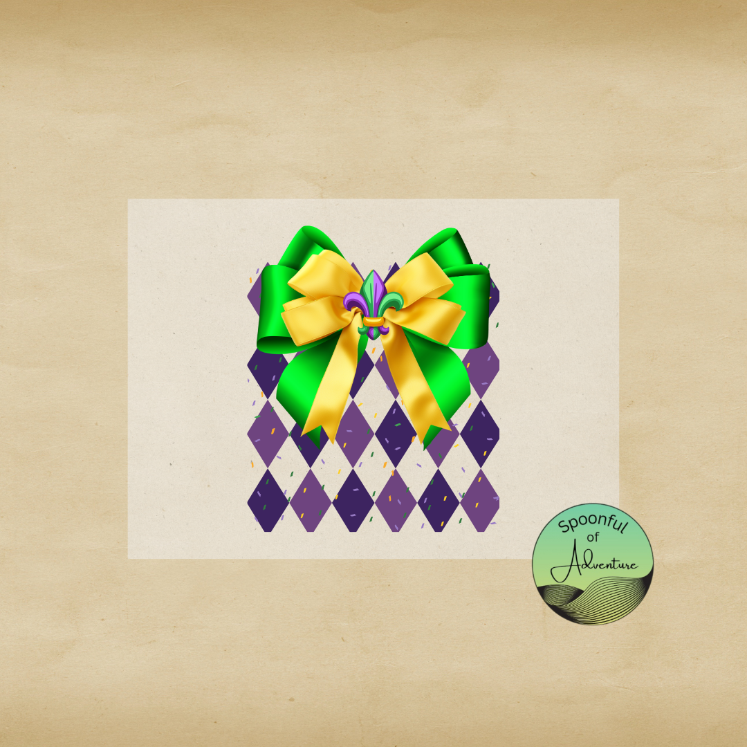 Ready to Press - Purple, Green & Gold Fleur de lis with Bows & Purple Diamond Background