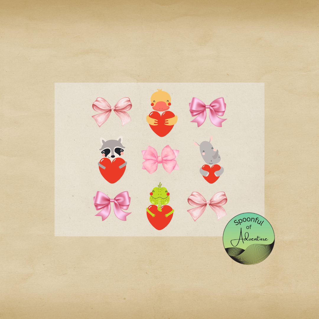 Ready to Press - Bows and Animals Hugging Heart 3x3 Sheet