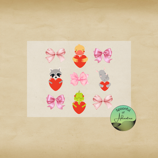 Ready to Press - Bows and Animals Hugging Heart 3x3 Sheet