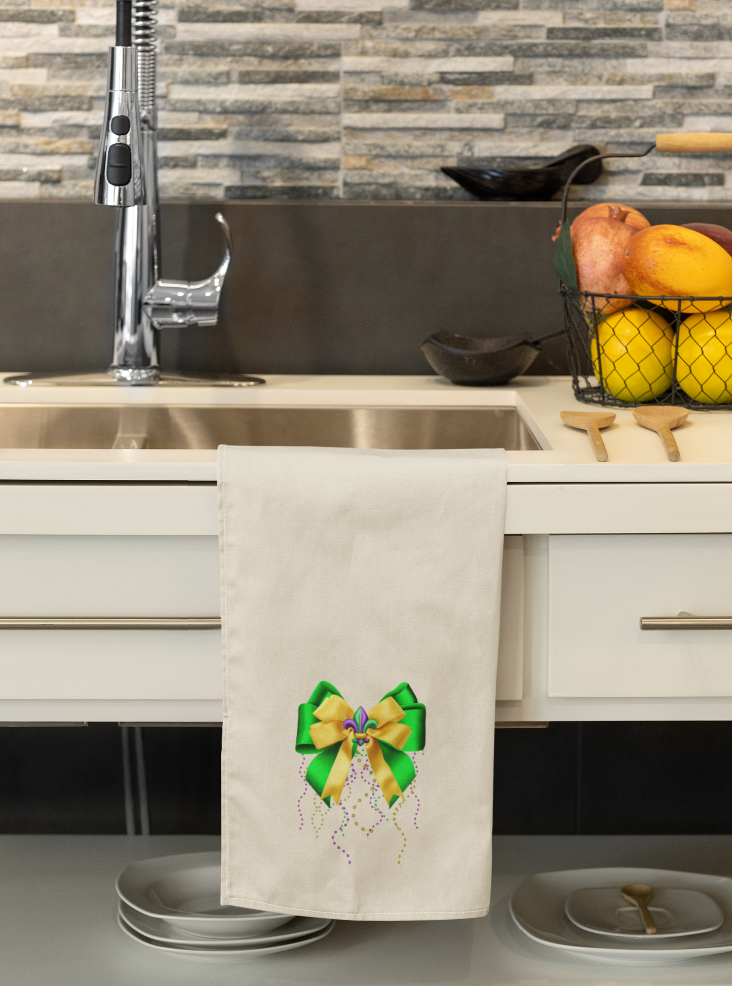 Purple, Green & Gold Fleur de lis with Bows and Beads Kitchen Towel