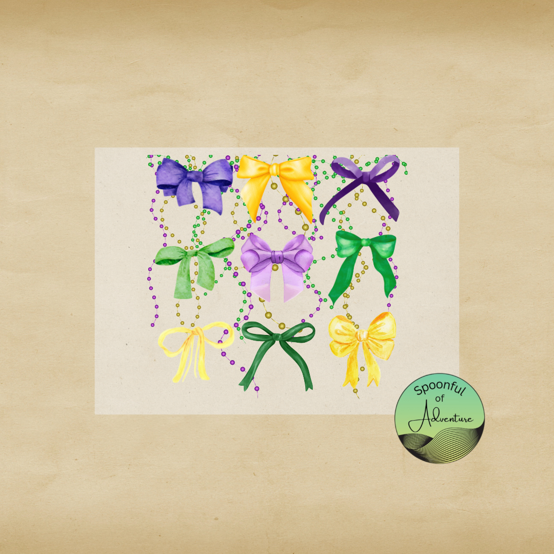 Ready to Press - Purple, Green and Gold Bows & Mardi Gras Beads