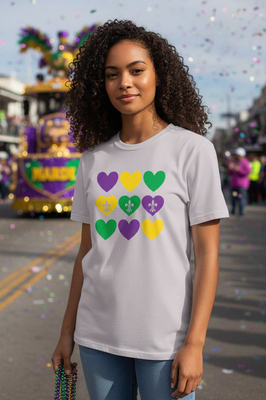 T-Shirt - Purple, Green & Gold Hearts with Fleur de lis