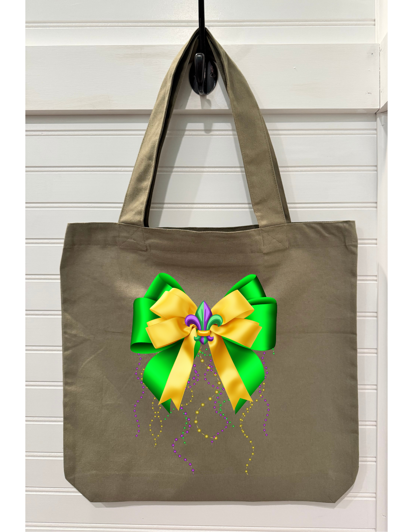 Purple Green & Gold Fleur de lis with Bows and Beads Canvas Tote