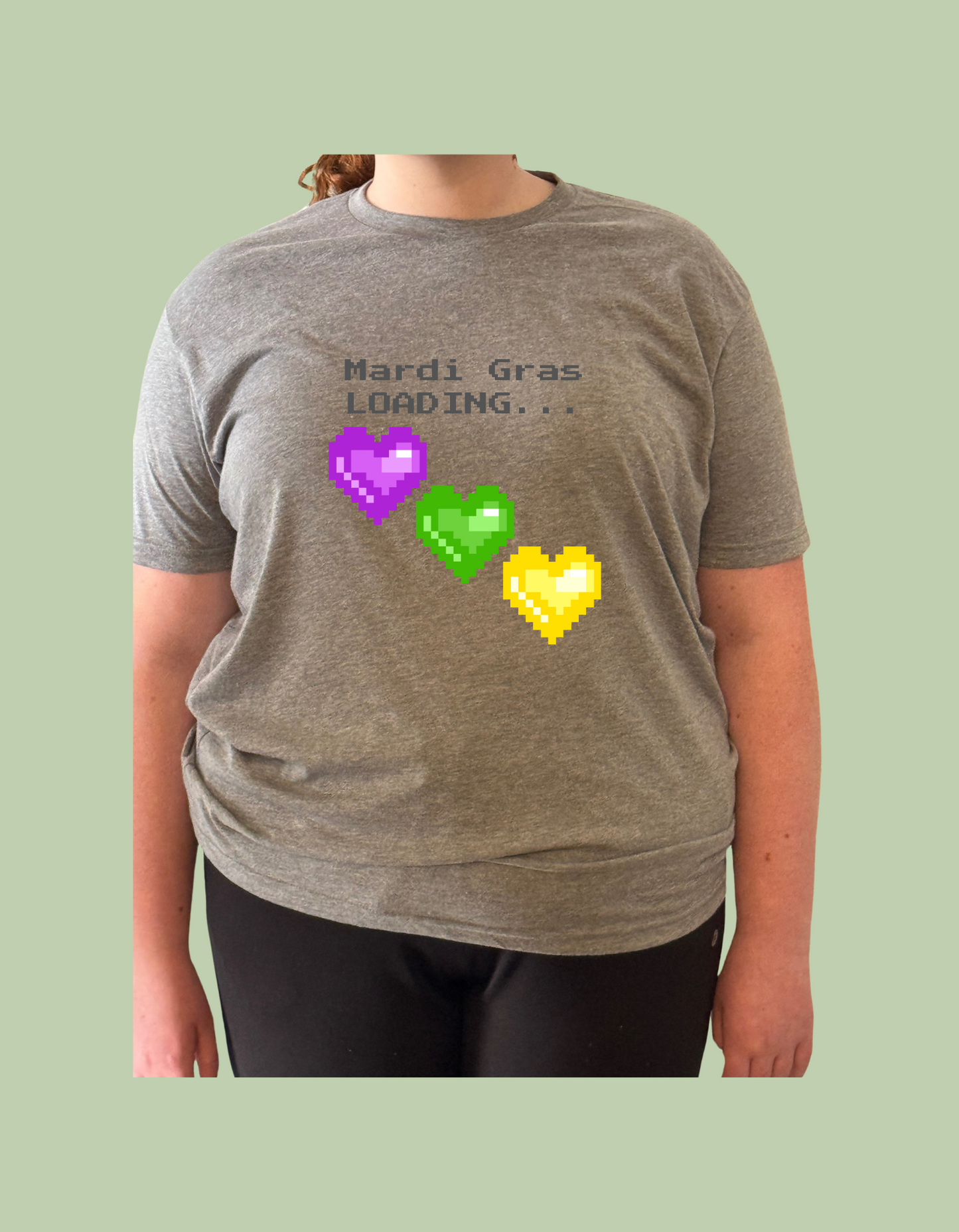 T-Shirt - "Mardi Gras Loading" Purple Green & Gold Pixel Hearts