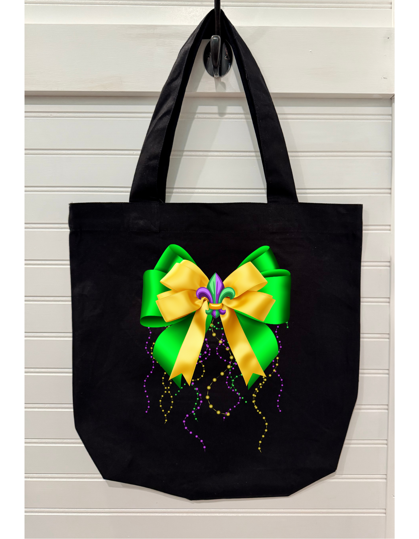 Purple Green & Gold Fleur de lis with Bows and Beads Canvas Tote