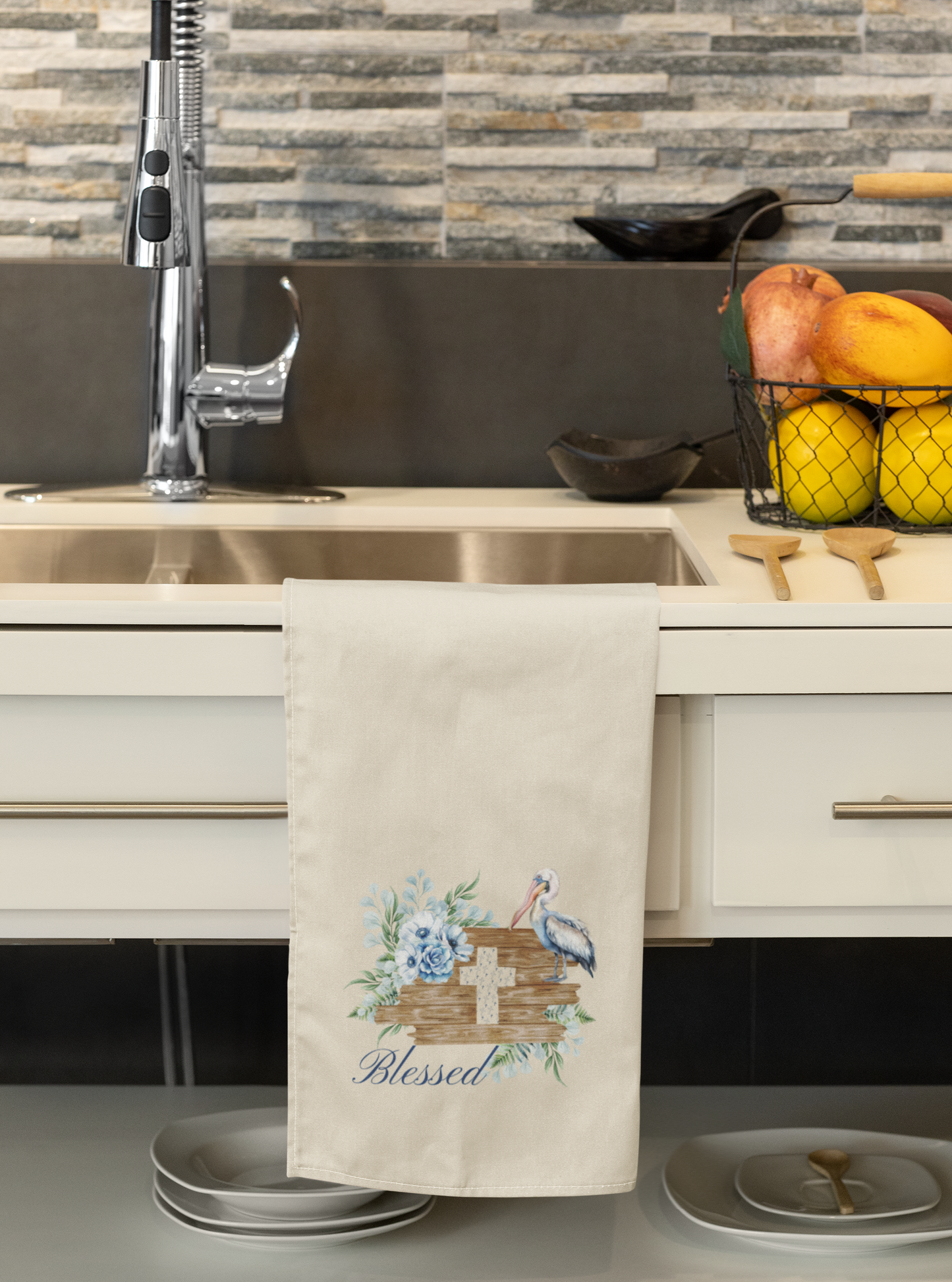 "Blessed" with Cross, Flowers and Pelican Kitchen Towel