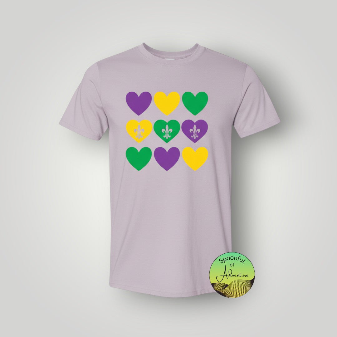 T-Shirt - Purple, Green & Gold Hearts with Fleur de lis
