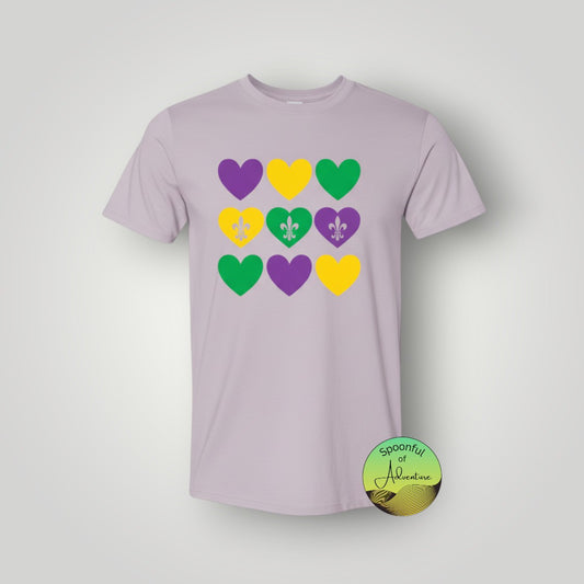 T-Shirt - Purple, Green & Gold Hearts with Fleur de lis