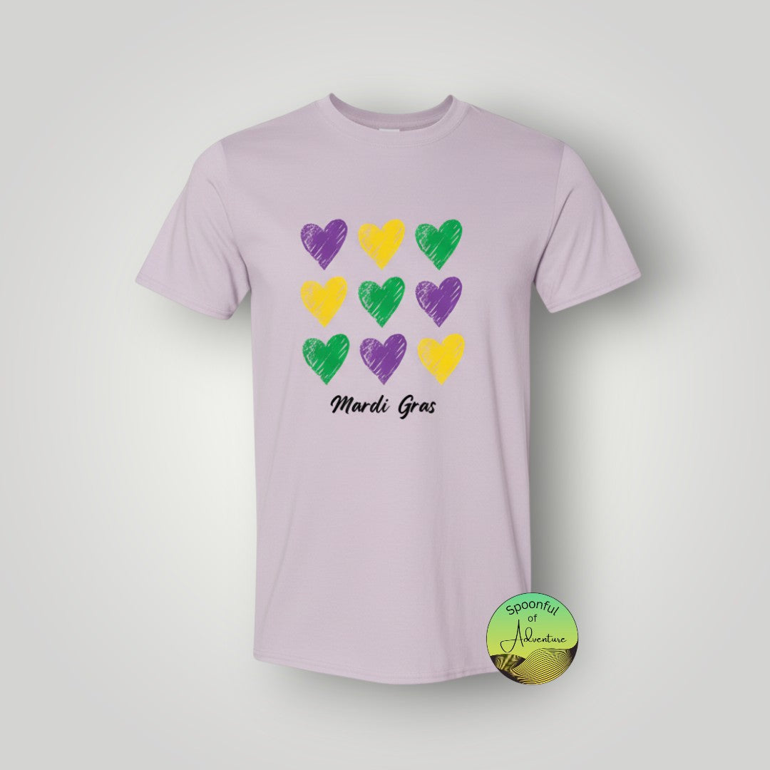 T-Shirt - Purple, Green & Gold Hearts with "Mardi Gras"