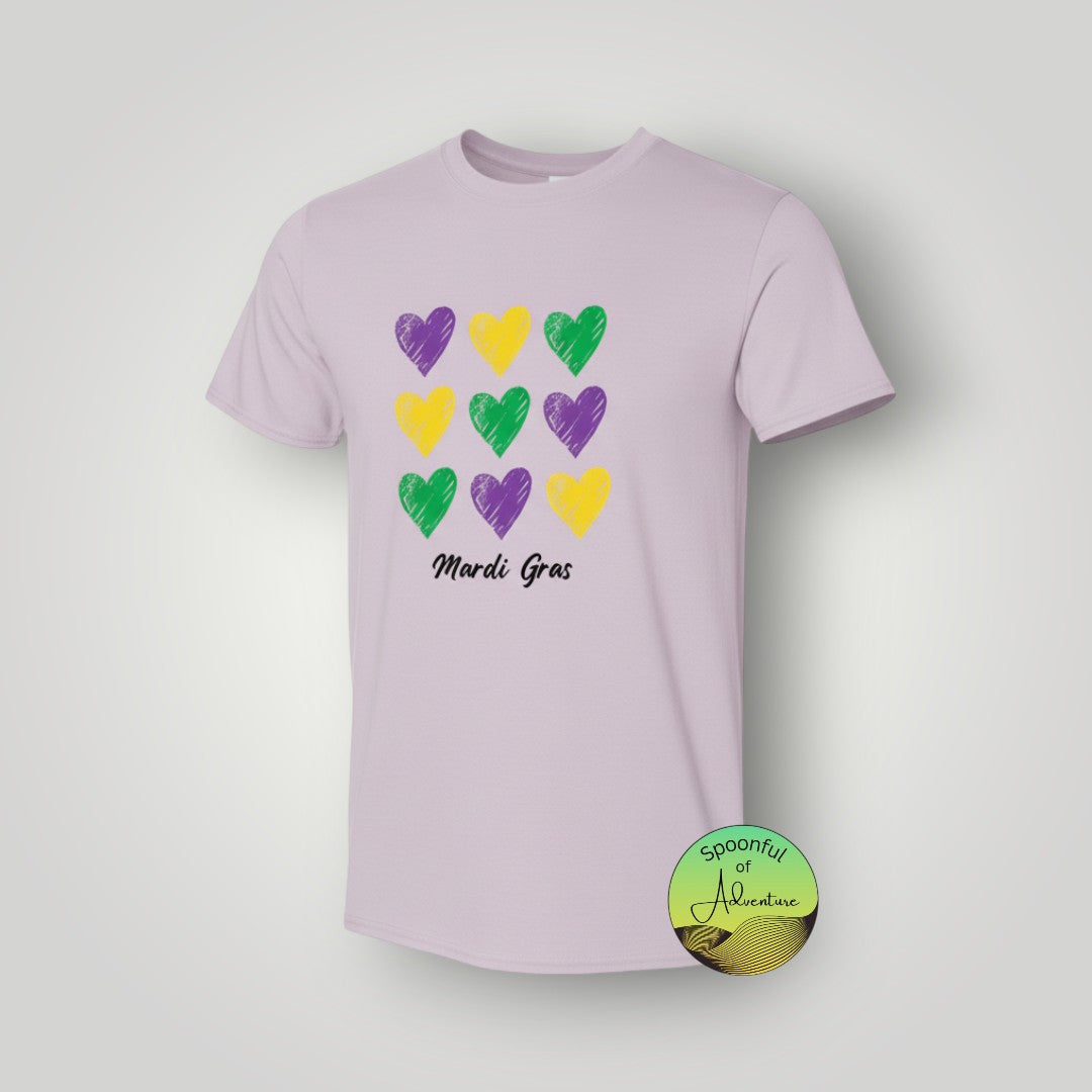 T-Shirt - Purple, Green & Gold Hearts with "Mardi Gras"