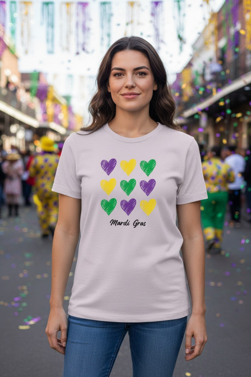 T-Shirt - Purple, Green & Gold Hearts with "Mardi Gras"