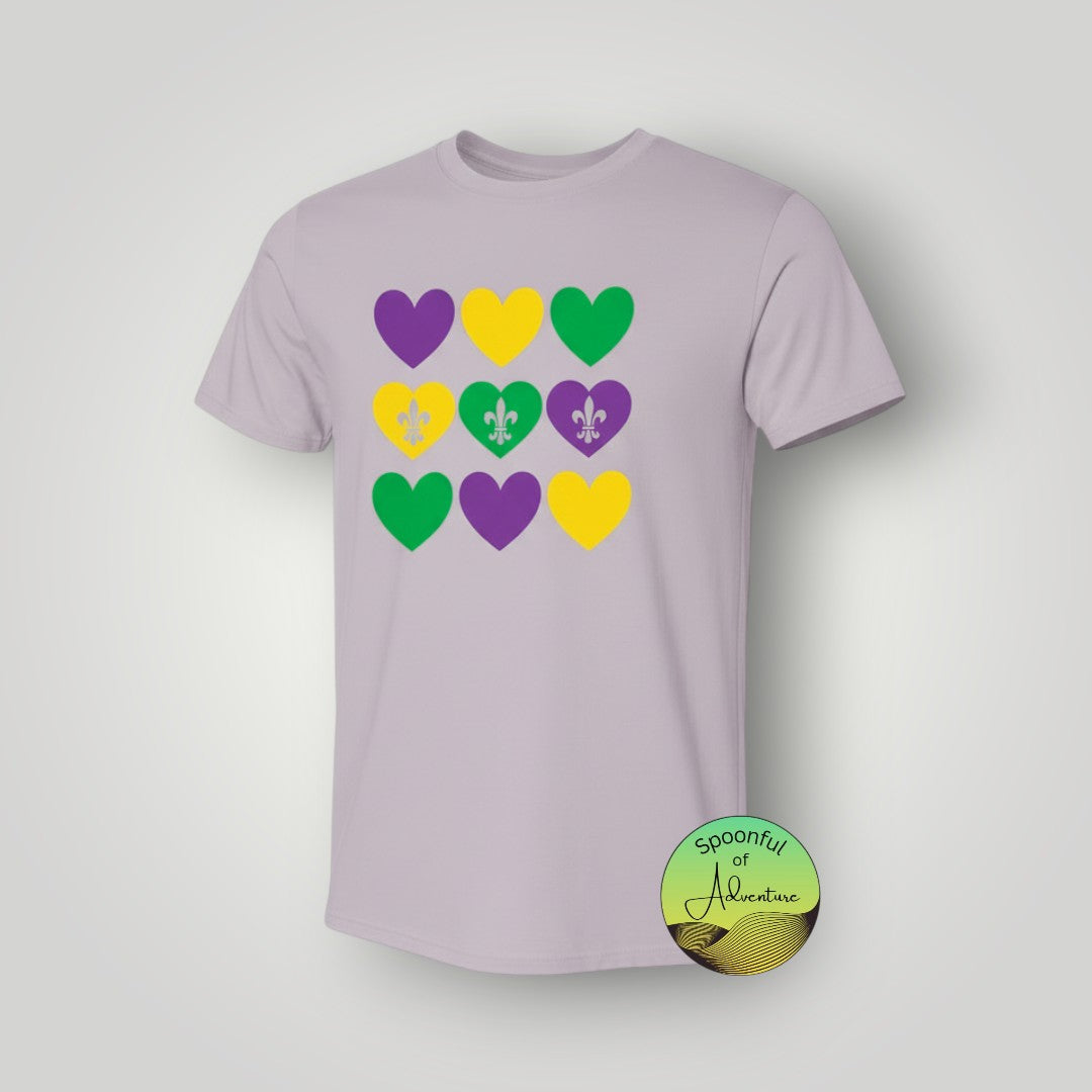 T-Shirt - Purple, Green & Gold Hearts with Fleur de lis