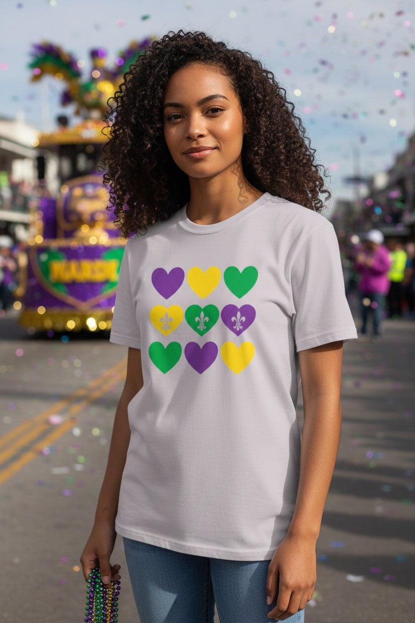 T-Shirt - Purple, Green & Gold Hearts with Fleur de lis
